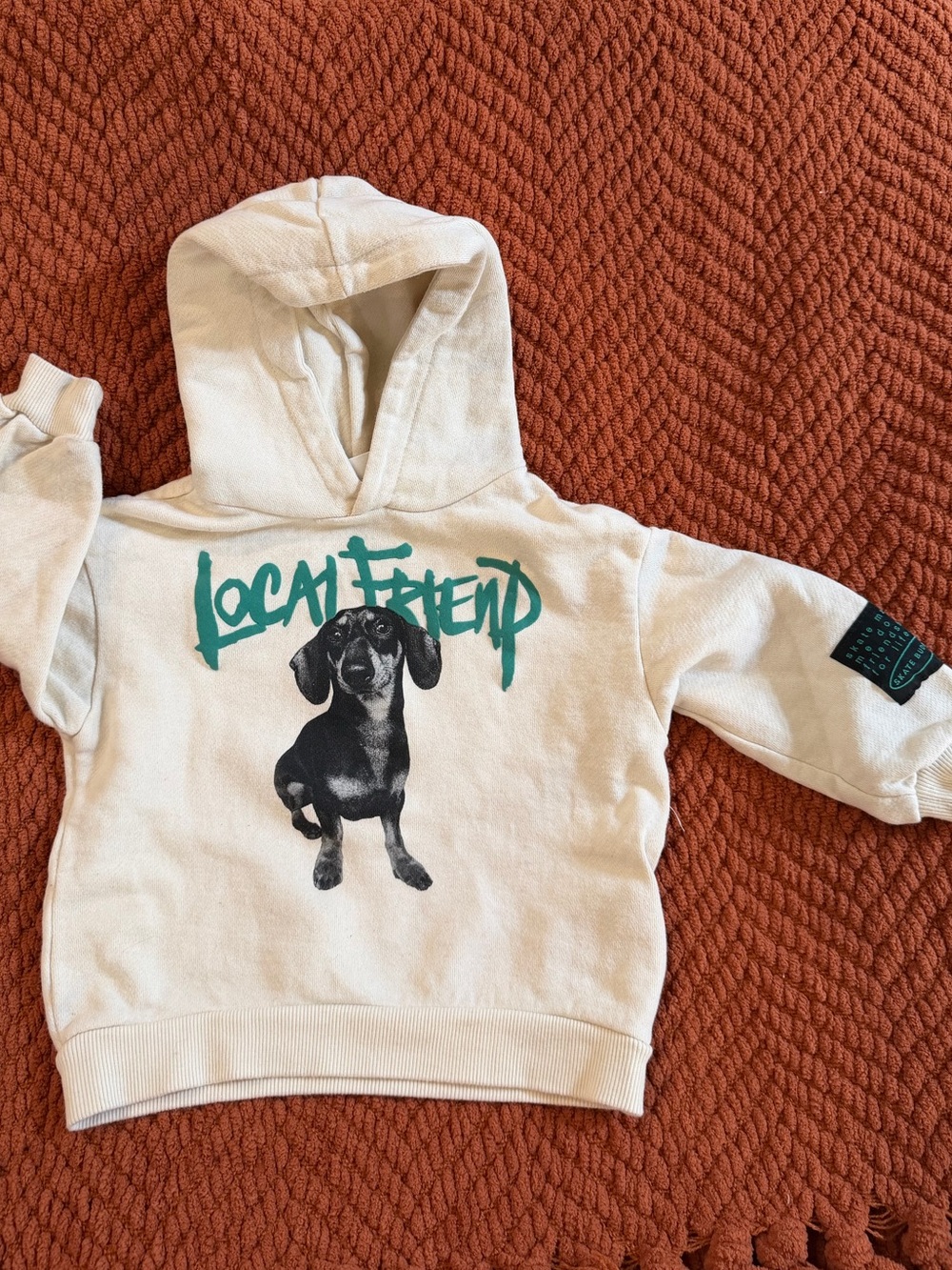 Zara Cream Hoodie with Teal 'Local Friend' Script and Black Dog Graphic